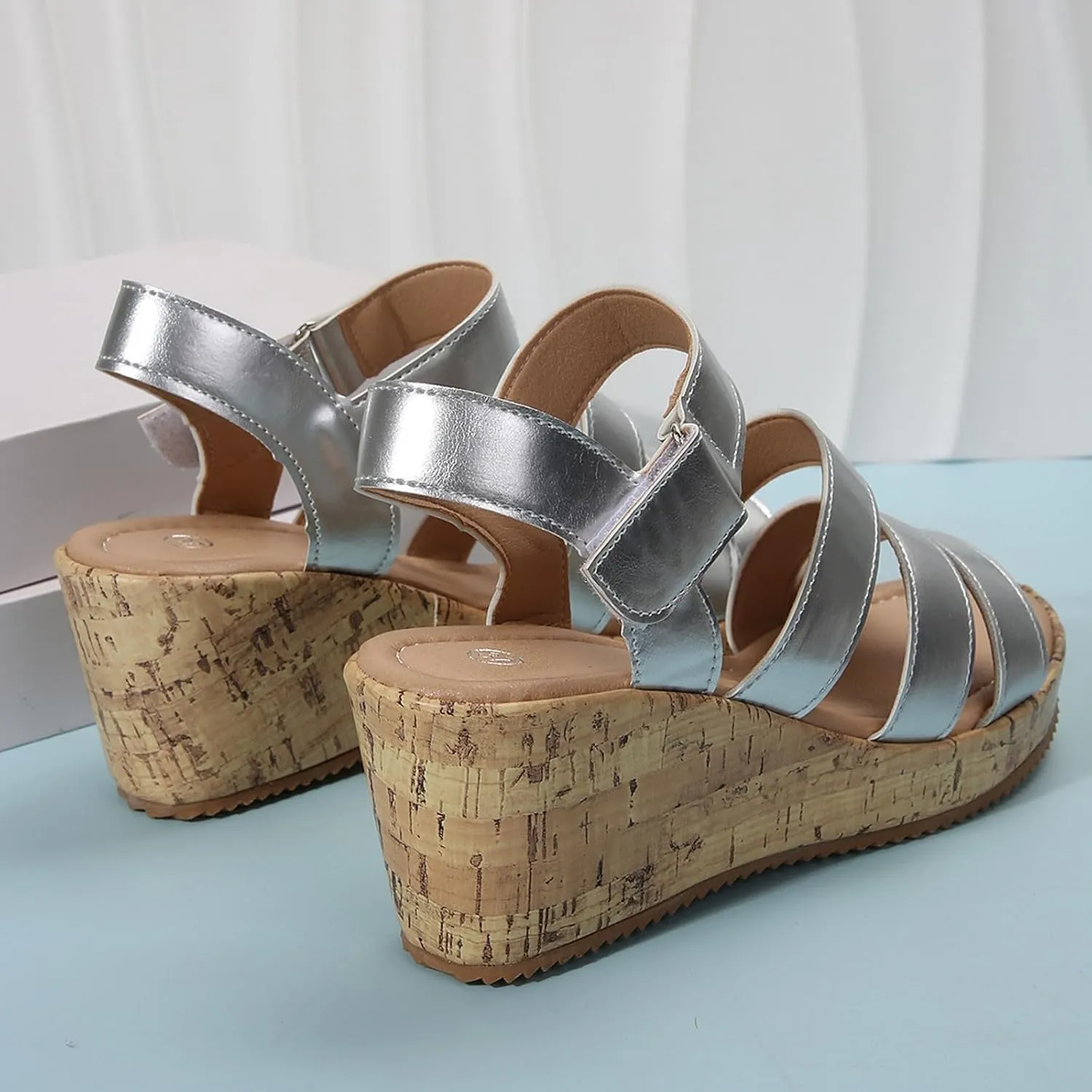 Wedge Sandals for Women High Heel Wedged Sandals Leather Cork Strappy Sandal Wide Width Open Toe Walking Shoes Slip-On Arch Support Shoes 2025