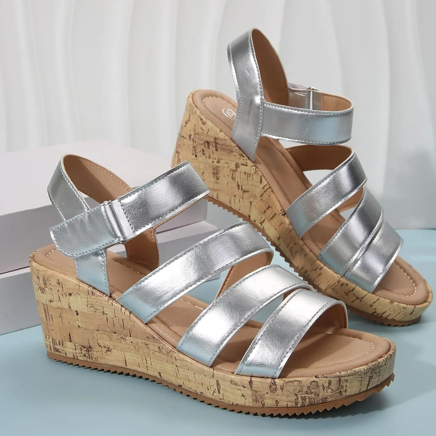 Wedge Sandals for Women High Heel Wedged Sandals Leather Cork Strappy Sandal Wide Width Open Toe Walking Shoes Slip-On Arch Support Shoes 2025