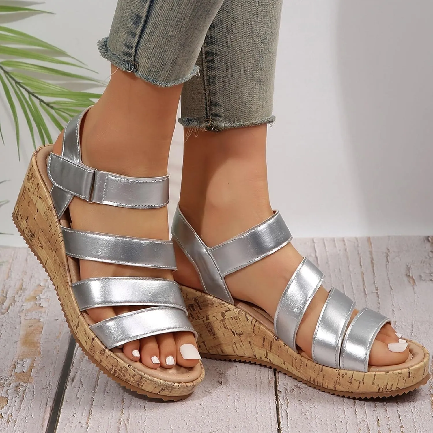 Wedge Sandals for Women High Heel Wedged Sandals Leather Cork Strappy Sandal Wide Width Open Toe Walking Shoes Slip-On Arch Support Shoes 2025