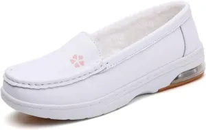 White Women's Nursing Shoes, Womens Plus Size Winter Fleece Slip-On Comfy Air Leather Nursing Shoes, Lightweight Platform Orthopedic Sneakers, for Medical Care