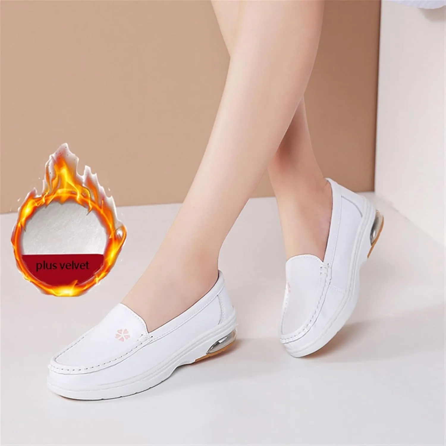 White Women's Nursing Shoes, Womens Plus Size Winter Fleece Slip-On Comfy Air Leather Nursing Shoes, Lightweight Platform Orthopedic Sneakers, for Medical Care