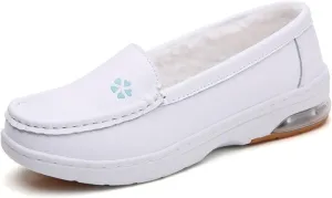 White Women's Nursing Shoes, Womens Plus Size Winter Fleece Slip-On Comfy Air Leather Nursing Shoes, Lightweight Platform Orthopedic Sneakers, for Medical Care