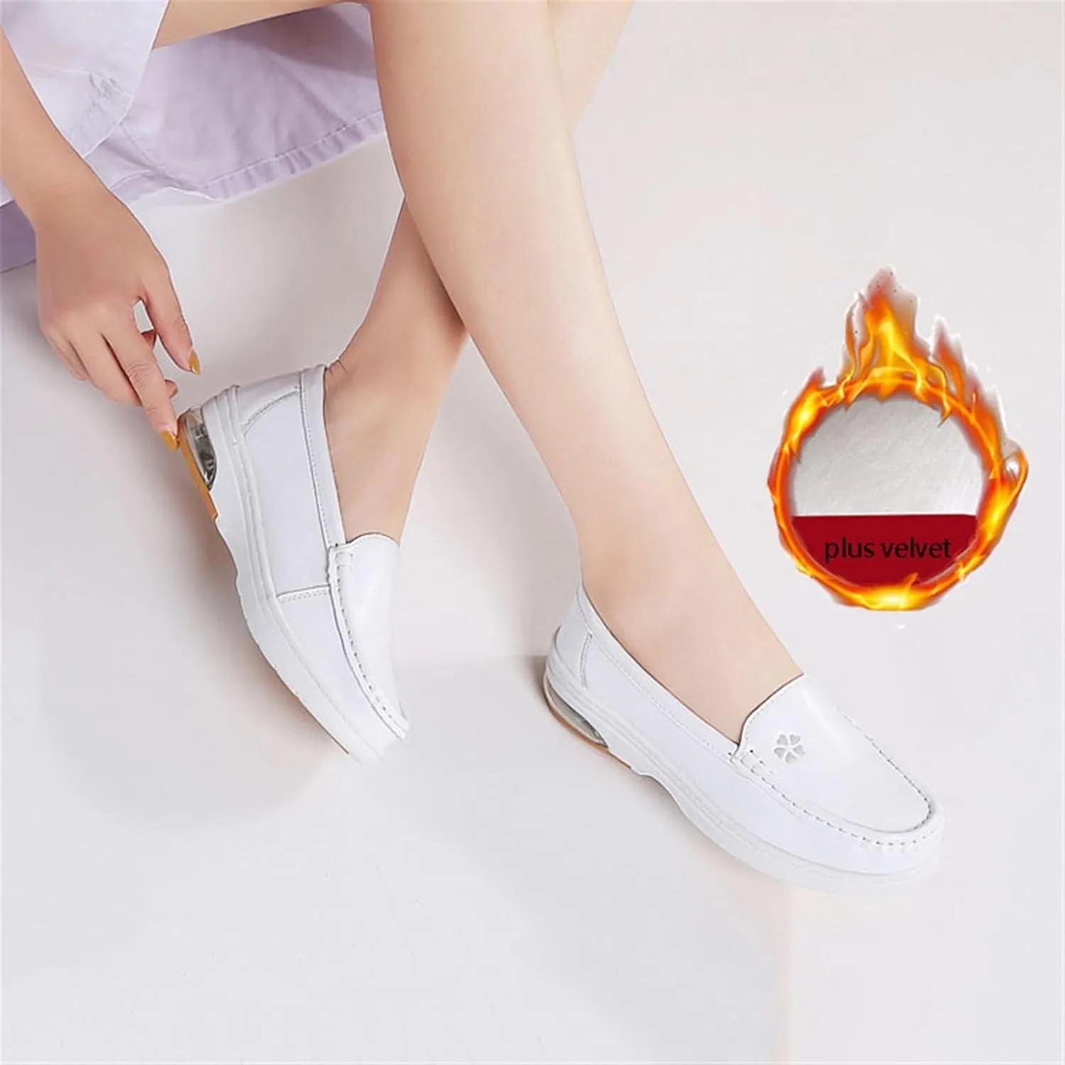 White Women's Nursing Shoes, Womens Plus Size Winter Fleece Slip-On Comfy Air Leather Nursing Shoes, Lightweight Platform Orthopedic Sneakers, for Medical Care