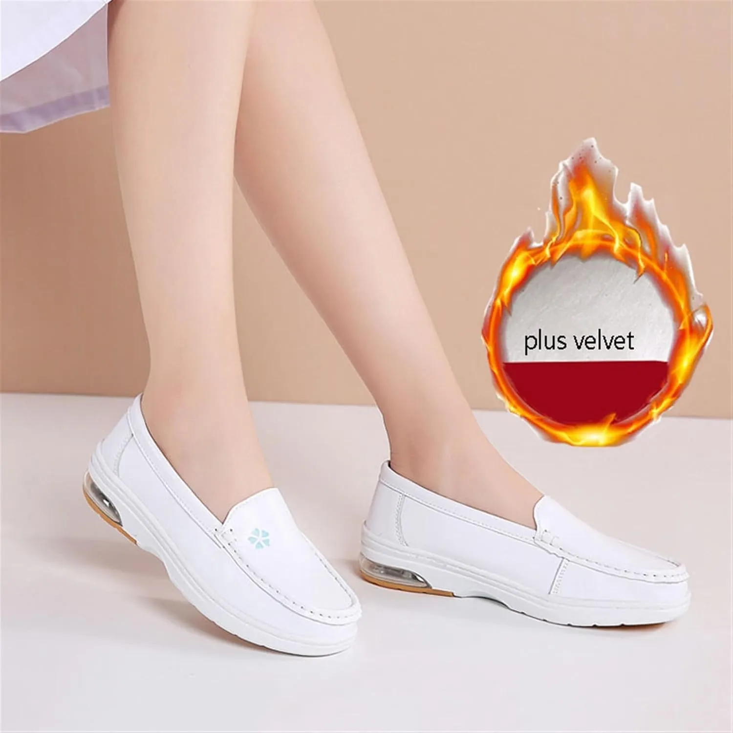 White Women's Nursing Shoes, Womens Plus Size Winter Fleece Slip-On Comfy Air Leather Nursing Shoes, Lightweight Platform Orthopedic Sneakers, for Medical Care
