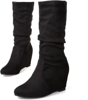Women Mid Calf Boots Dressy Ankle Boots for Women Mid Calf Boots Flock Close Toe Mid Calf Slip on Casual Women Boots