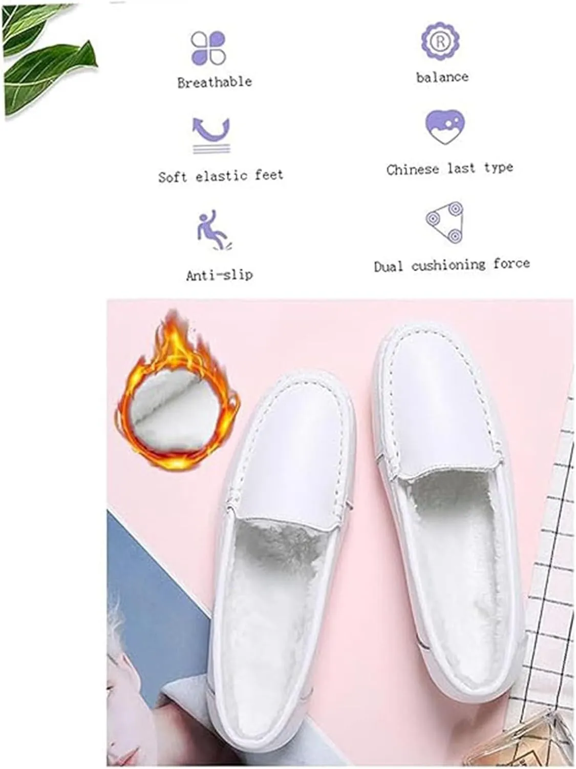 Women's Casual Orthopedic Loafers, Winter Women White Plush Slip on Leather Nursing Shoes, Nurses Work Daily Walking Flats Casual Shoes, Ideal for Nurse Healthcare Crews