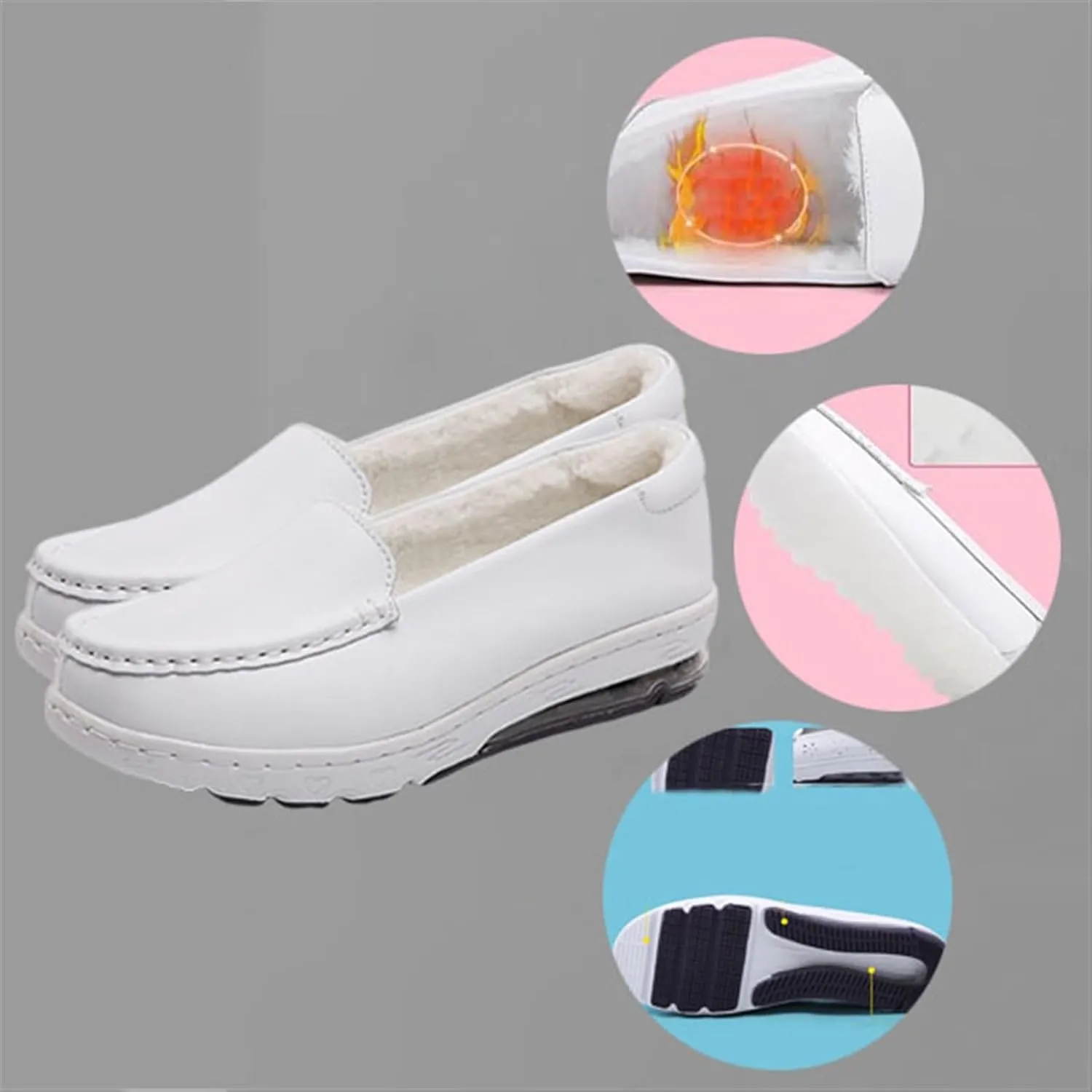 Women's Casual Orthopedic Loafers, Winter Women White Plush Slip on Leather Nursing Shoes, Nurses Work Daily Walking Flats Casual Shoes, Ideal for Nurse Healthcare Crews