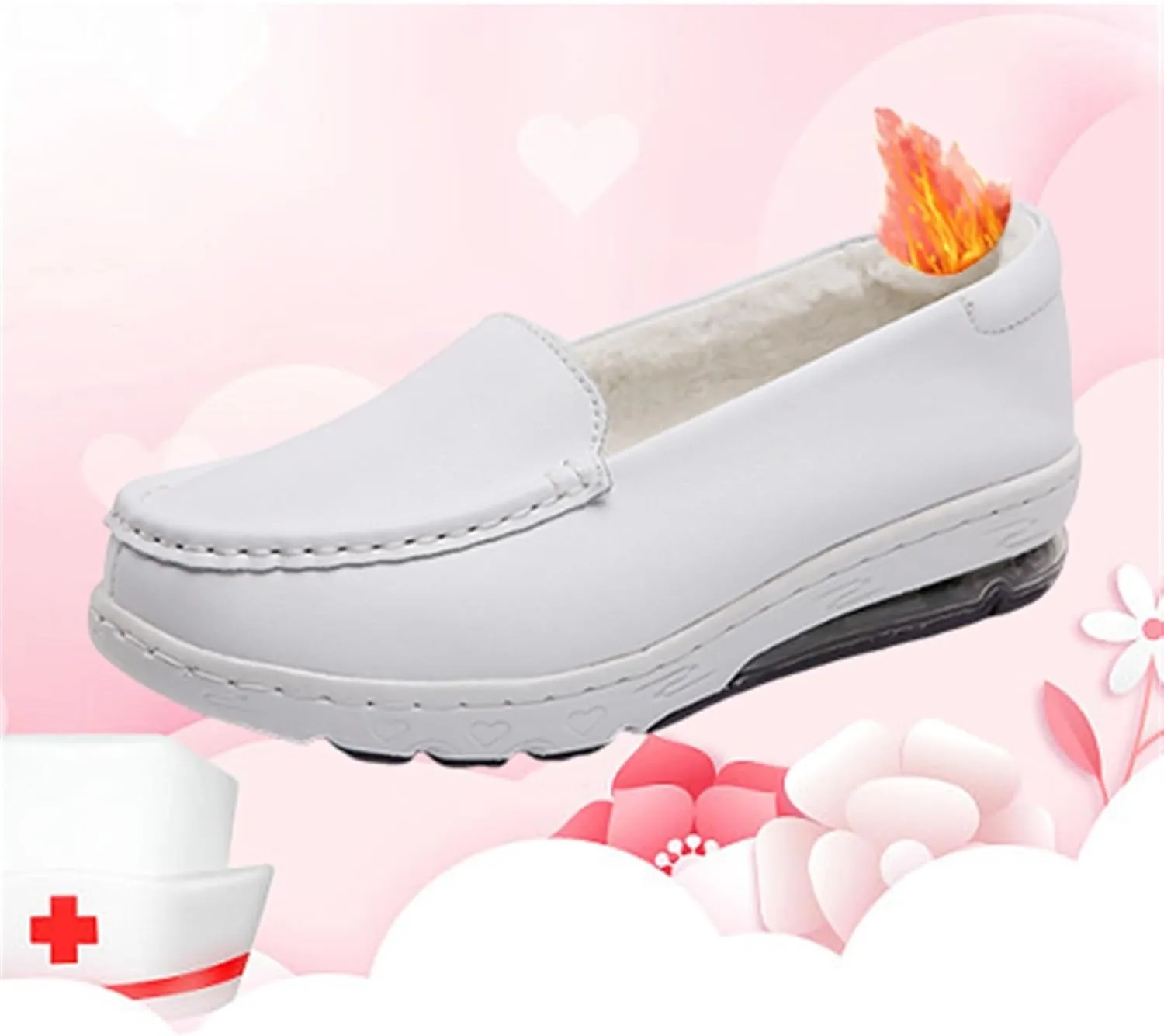Women's Casual Orthopedic Loafers, Winter Women White Plush Slip on Leather Nursing Shoes, Nurses Work Daily Walking Flats Casual Shoes, Ideal for Nurse Healthcare Crews