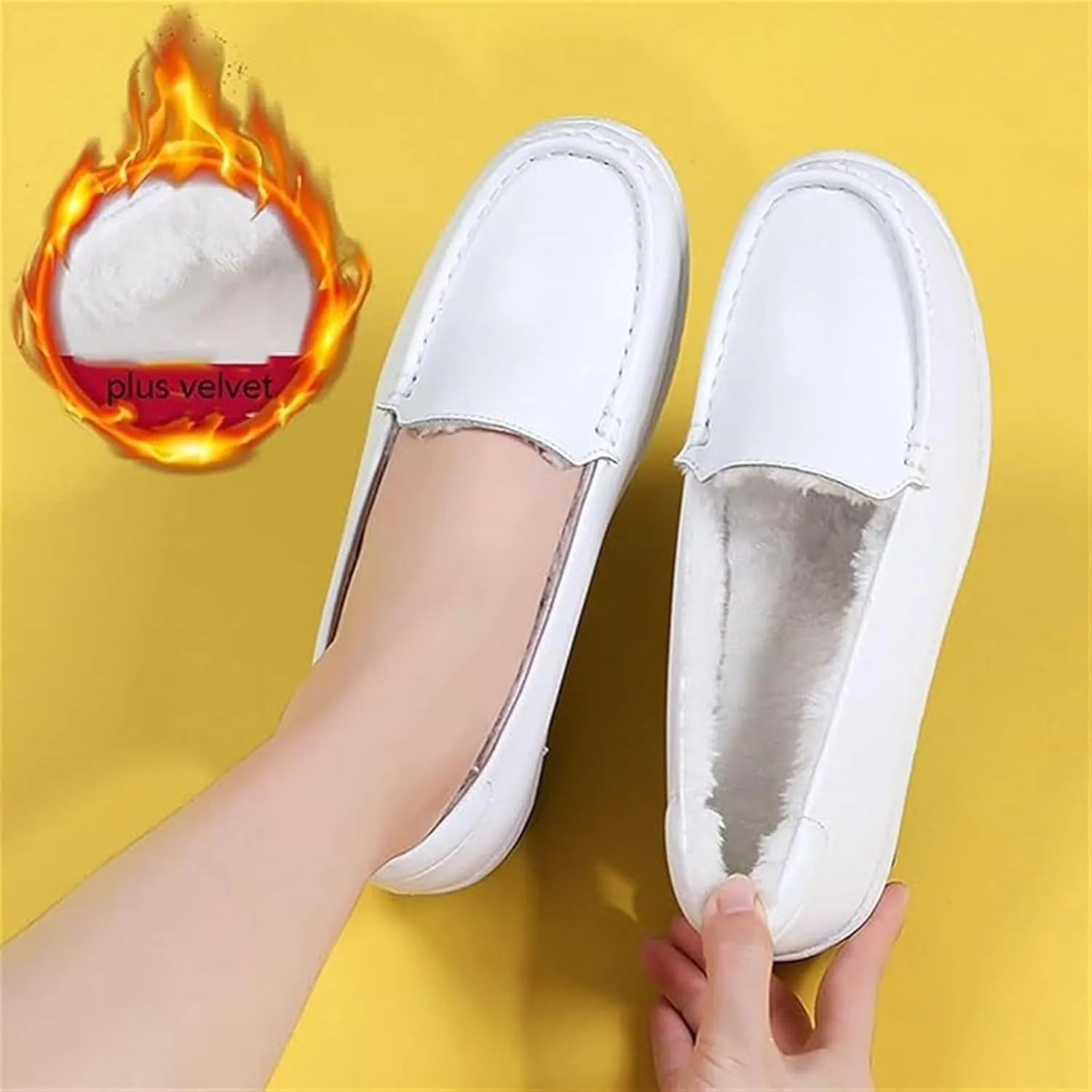 Women's Casual Orthopedic Loafers, Winter Women White Plush Slip on Leather Nursing Shoes, Nurses Work Daily Walking Flats Casual Shoes, Ideal for Nurse Healthcare Crews