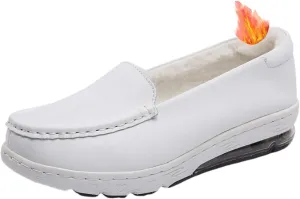 Women's Casual Orthopedic Loafers, Winter Women White Plush Slip on Leather Nursing Shoes, Nurses Work Daily Walking Flats Casual Shoes, Ideal for Nurse Healthcare Crews