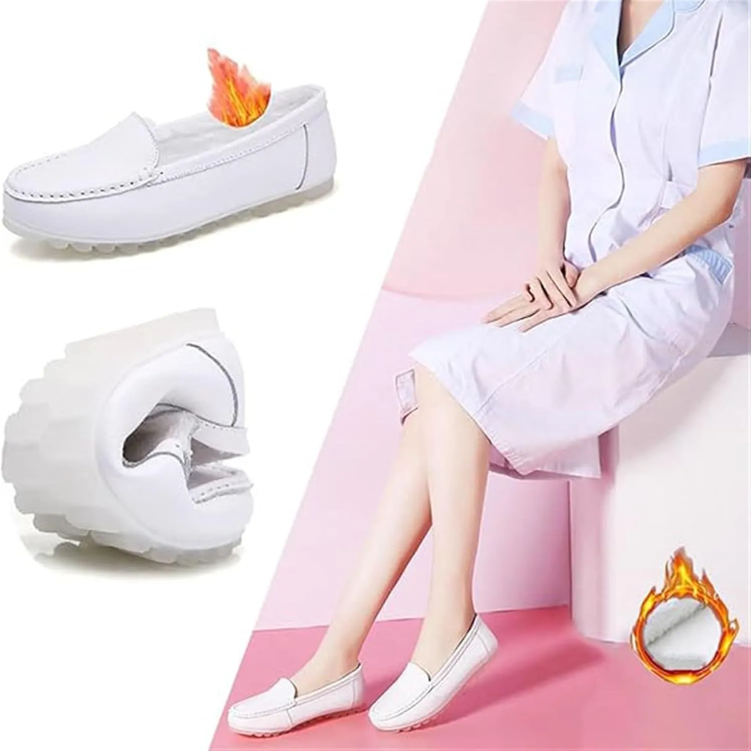 Women's Casual Orthopedic Loafers, Winter Women White Plush Slip on Leather Nursing Shoes, Nurses Work Daily Walking Flats Casual Shoes, Ideal for Nurse Healthcare Crews
