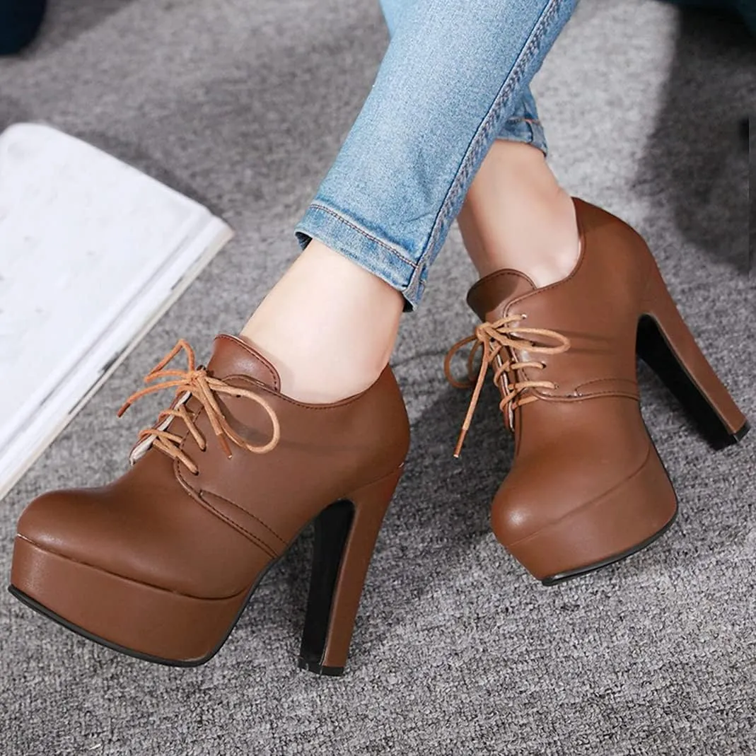Women's Chunky Block High Heel Platform Oxfords Pumps Round Toe Lace up Shoes