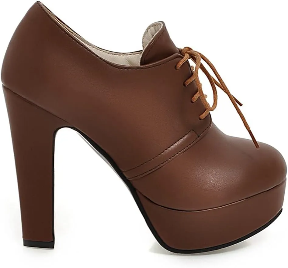 Women's Chunky Block High Heel Platform Oxfords Pumps Round Toe Lace up Shoes