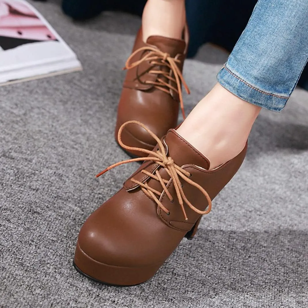 Women's Chunky Block High Heel Platform Oxfords Pumps Round Toe Lace up Shoes