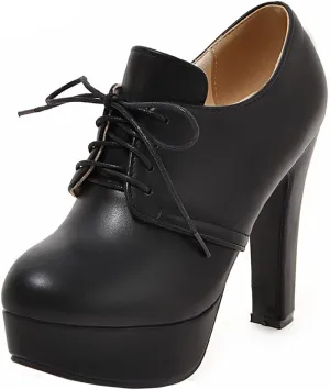 Women's Chunky Block High Heel Platform Oxfords Pumps Round Toe Lace up Shoes