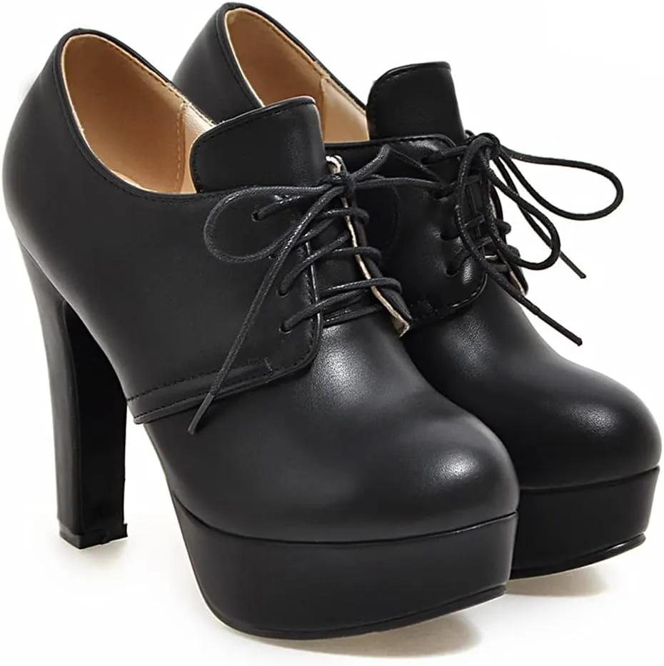 Women's Chunky Block High Heel Platform Oxfords Pumps Round Toe Lace up Shoes