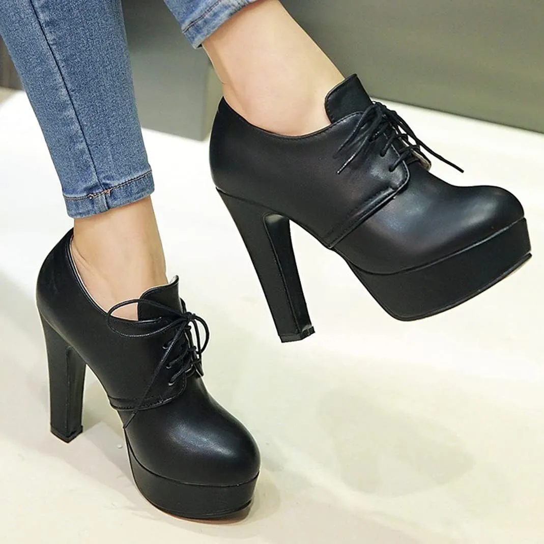 Women's Chunky Block High Heel Platform Oxfords Pumps Round Toe Lace up Shoes