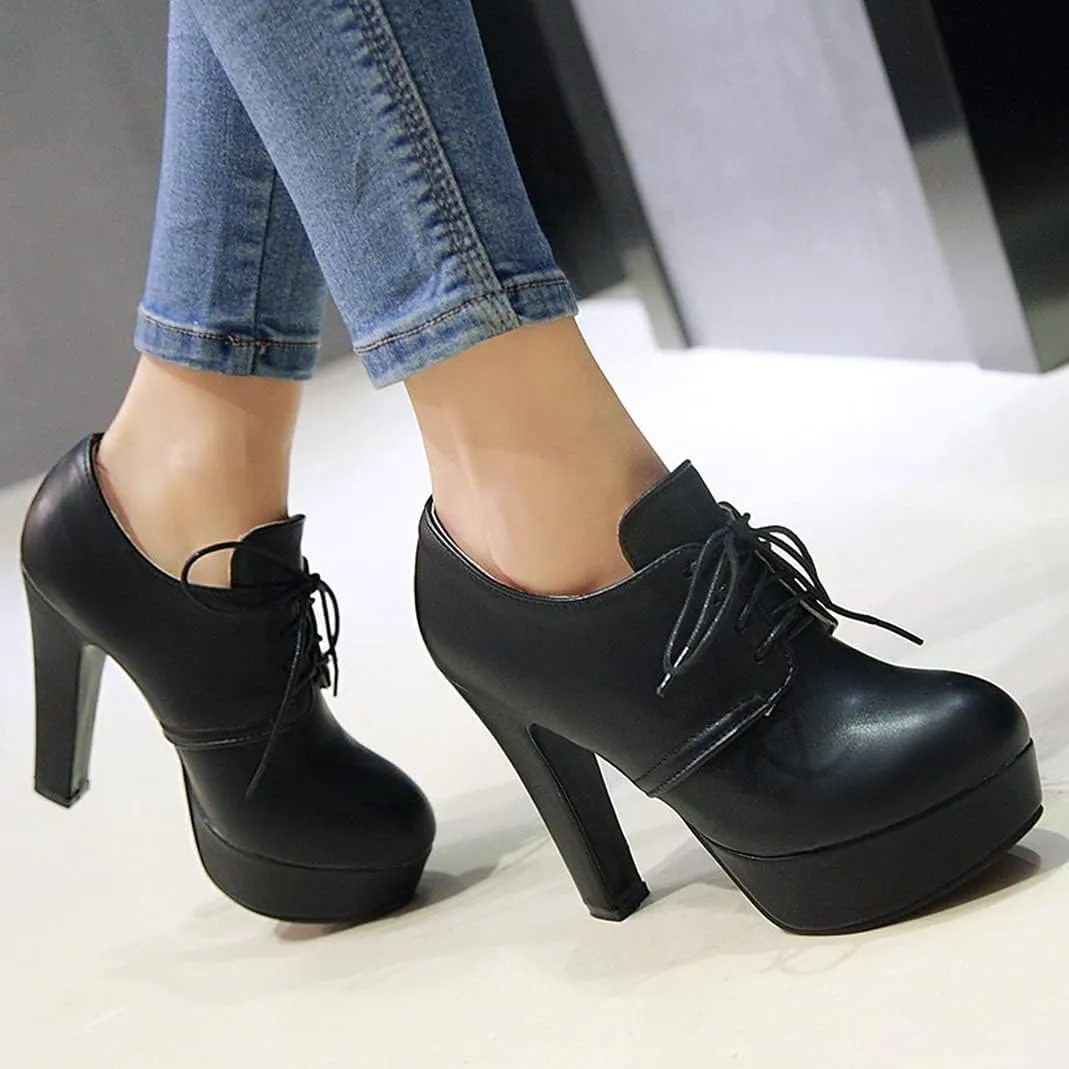 Women's Chunky Block High Heel Platform Oxfords Pumps Round Toe Lace up Shoes
