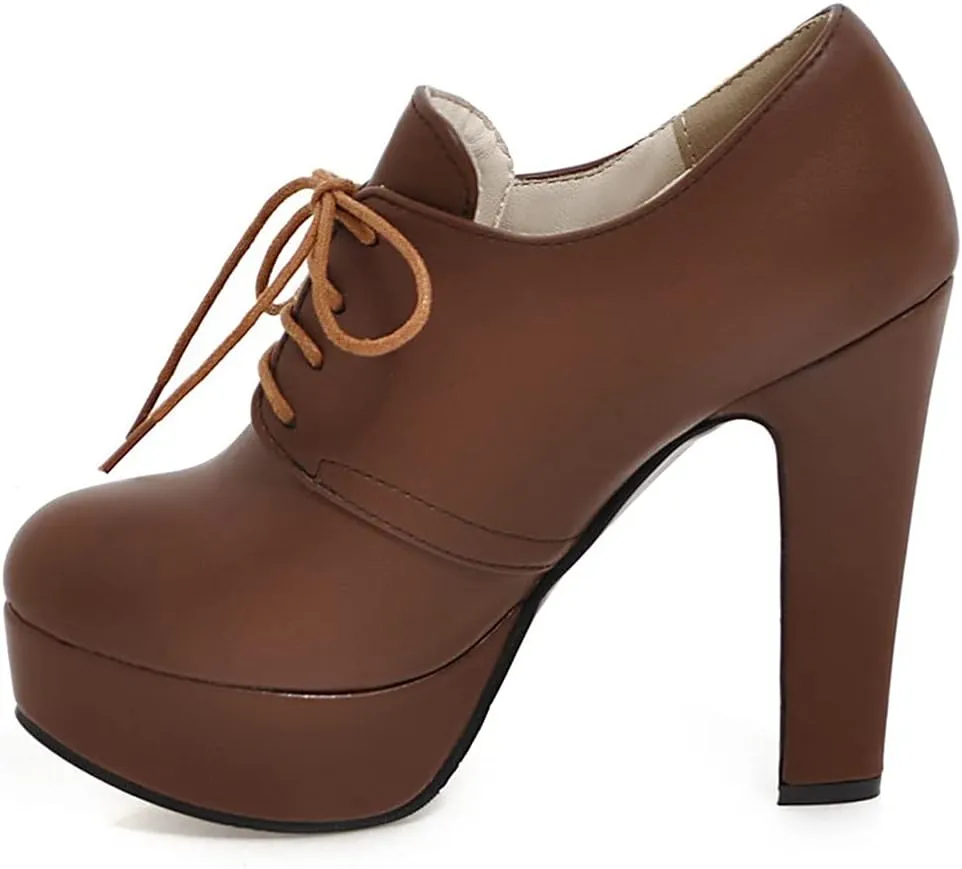 Women's Chunky Block High Heel Platform Oxfords Pumps Round Toe Lace up Shoes