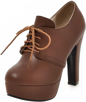 Women's Chunky Block High Heel Platform Oxfords Pumps Round Toe Lace up Shoes