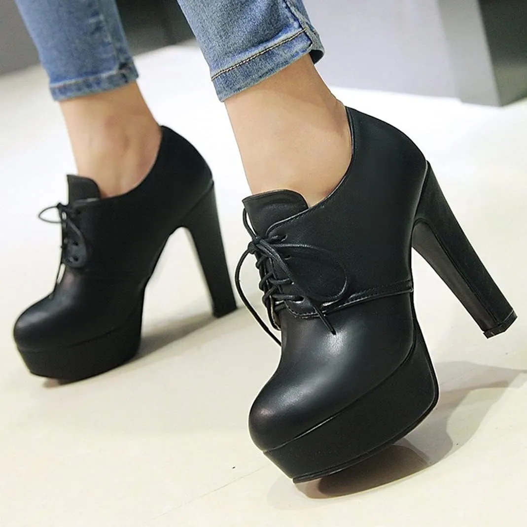 Women's Chunky Block High Heel Platform Oxfords Pumps Round Toe Lace up Shoes