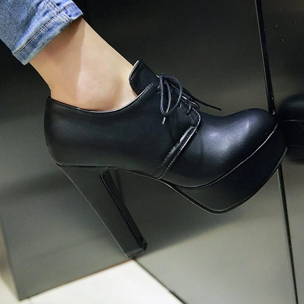 Women's Chunky Block High Heel Platform Oxfords Pumps Round Toe Lace up Shoes