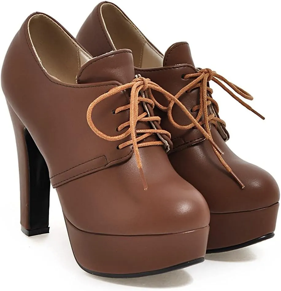 Women's Chunky Block High Heel Platform Oxfords Pumps Round Toe Lace up Shoes