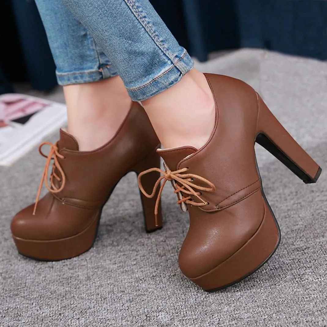 Women's Chunky Block High Heel Platform Oxfords Pumps Round Toe Lace up Shoes