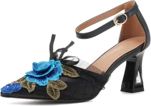 Women's Cow Leather Flower Sandals - Pointed Toe Thick Heels French Fashion Summer Big Size