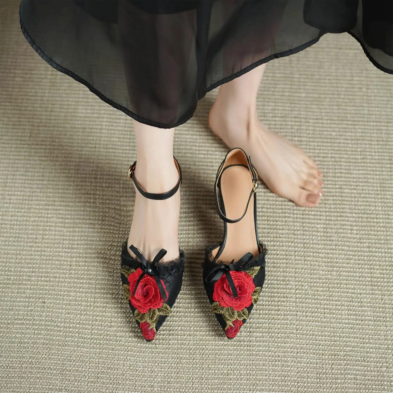 Women's Cow Leather Flower Sandals - Pointed Toe Thick Heels French Fashion Summer Big Size