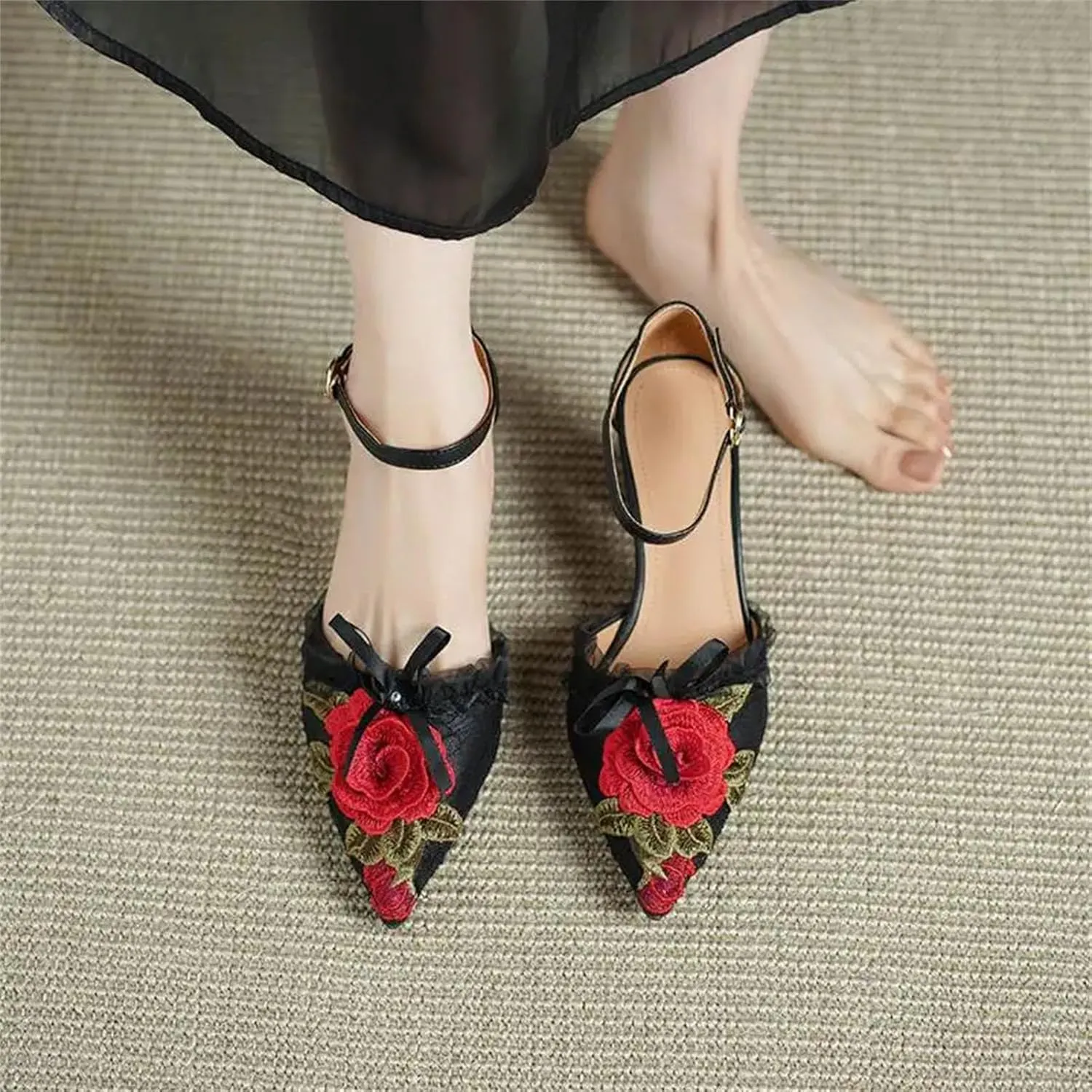 Women's Cow Leather Flower Sandals - Pointed Toe Thick Heels French Fashion Summer Big Size