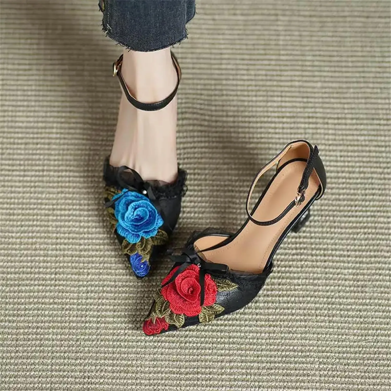 Women's Cow Leather Flower Sandals - Pointed Toe Thick Heels French Fashion Summer Big Size