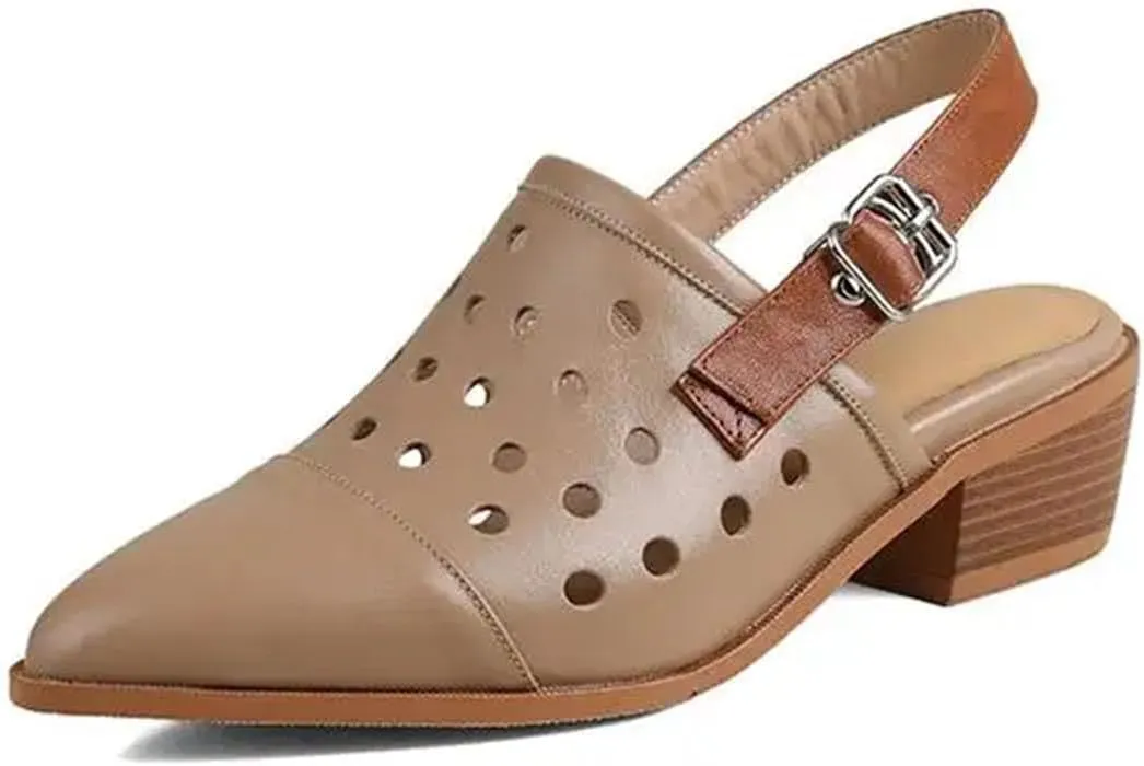 Women's Cow Leather Hollow Carving Sandals - Pointed Toe Med Heels Summer Dignified elegance