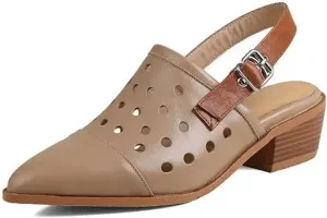 Women's Cow Leather Hollow Carving Sandals - Pointed Toe Med Heels Summer Dignified elegance
