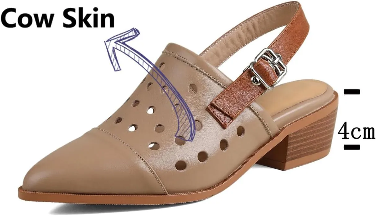 Women's Cow Leather Hollow Carving Sandals - Pointed Toe Med Heels Summer Dignified elegance