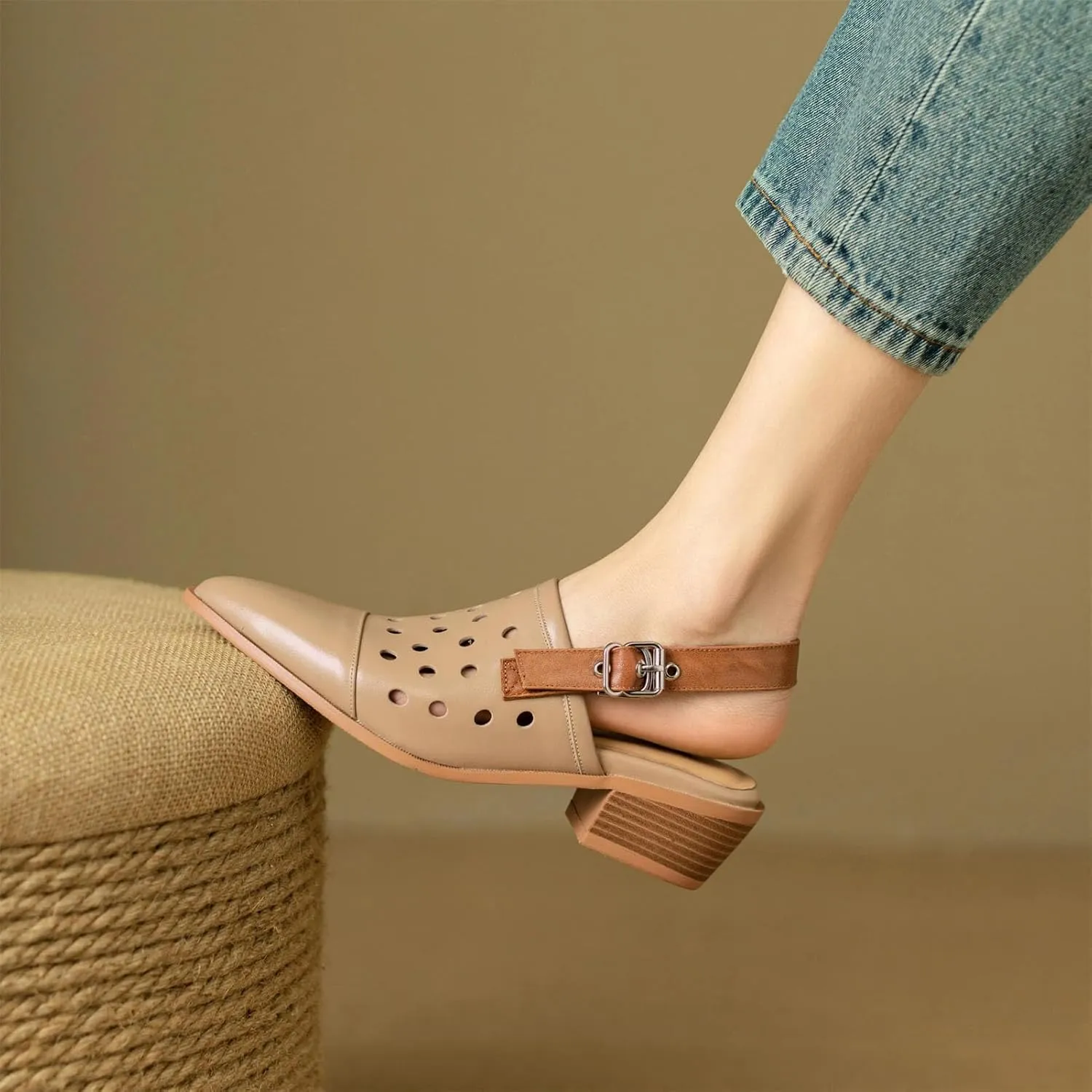 Women's Cow Leather Hollow Carving Sandals - Pointed Toe Med Heels Summer Dignified elegance