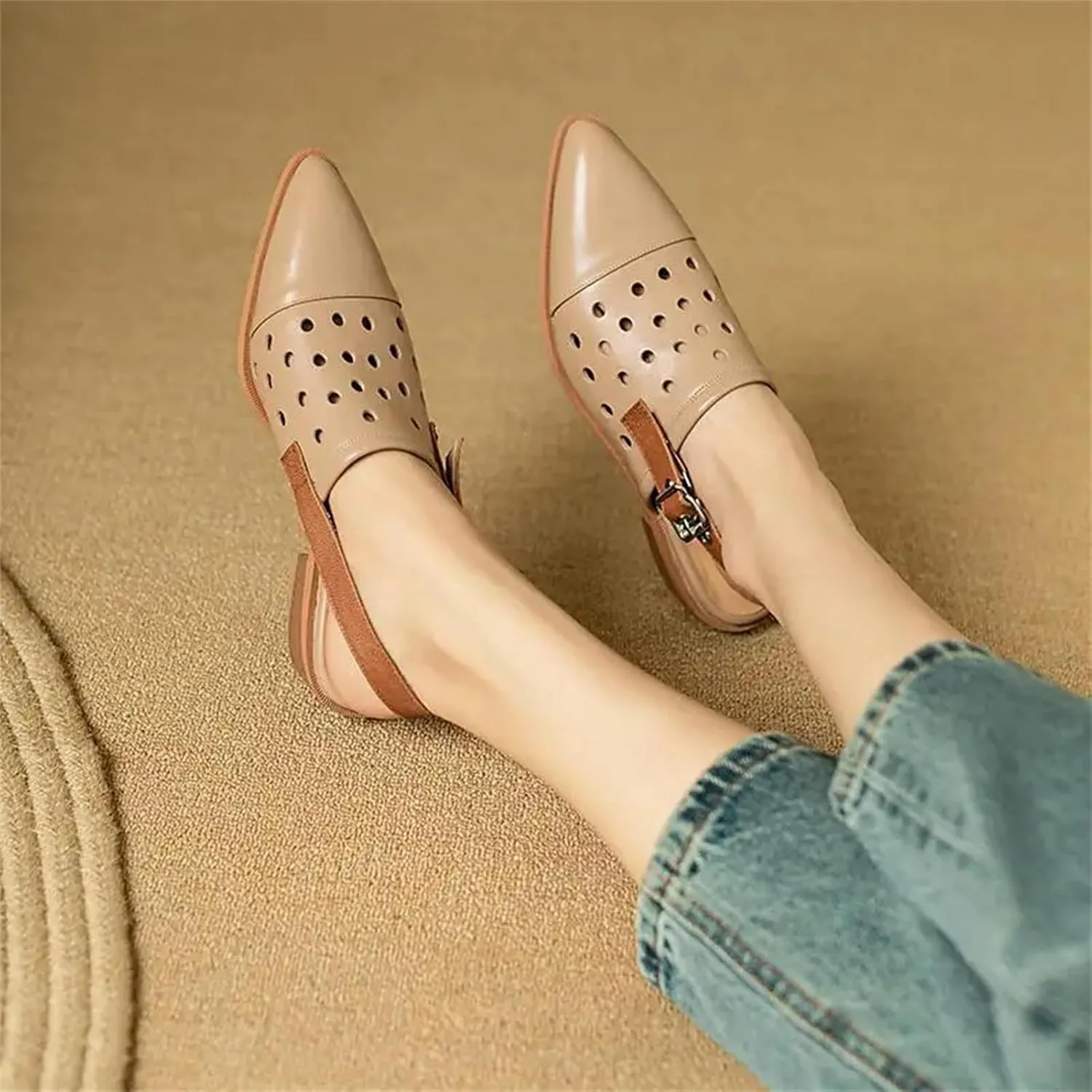 Women's Cow Leather Hollow Carving Sandals - Pointed Toe Med Heels Summer Dignified elegance
