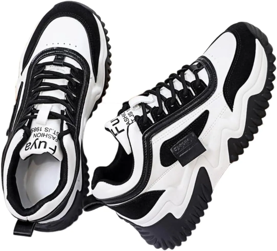 Womens Korean Style Lightweight Tennis Sneakers for Lace Up Non-Slip Casual Shoes Colorblocked Thick Sole Sneakers