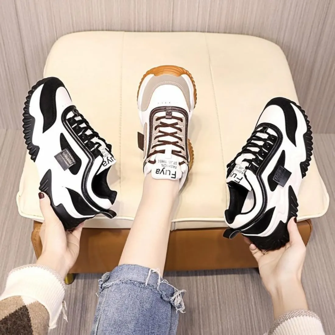 Womens Korean Style Lightweight Tennis Sneakers for Lace Up Non-Slip Casual Shoes Colorblocked Thick Sole Sneakers