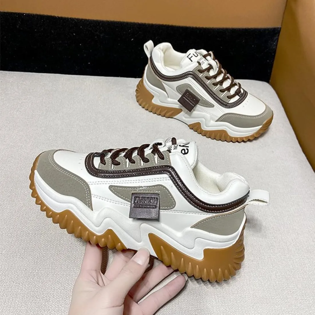 Womens Korean Style Lightweight Tennis Sneakers for Lace Up Non-Slip Casual Shoes Colorblocked Thick Sole Sneakers