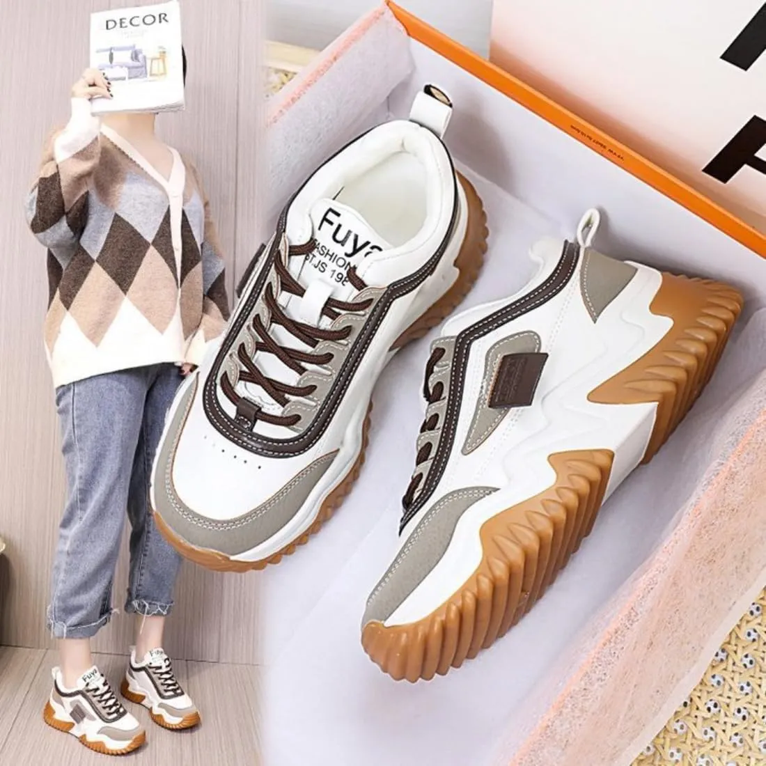 Womens Korean Style Lightweight Tennis Sneakers for Lace Up Non-Slip Casual Shoes Colorblocked Thick Sole Sneakers
