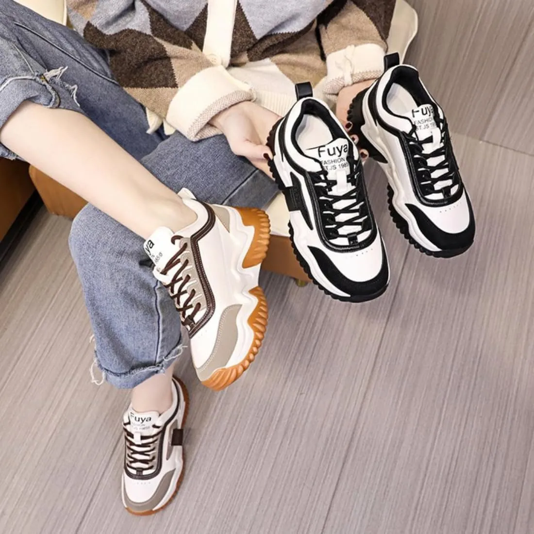 Womens Korean Style Lightweight Tennis Sneakers for Lace Up Non-Slip Casual Shoes Colorblocked Thick Sole Sneakers