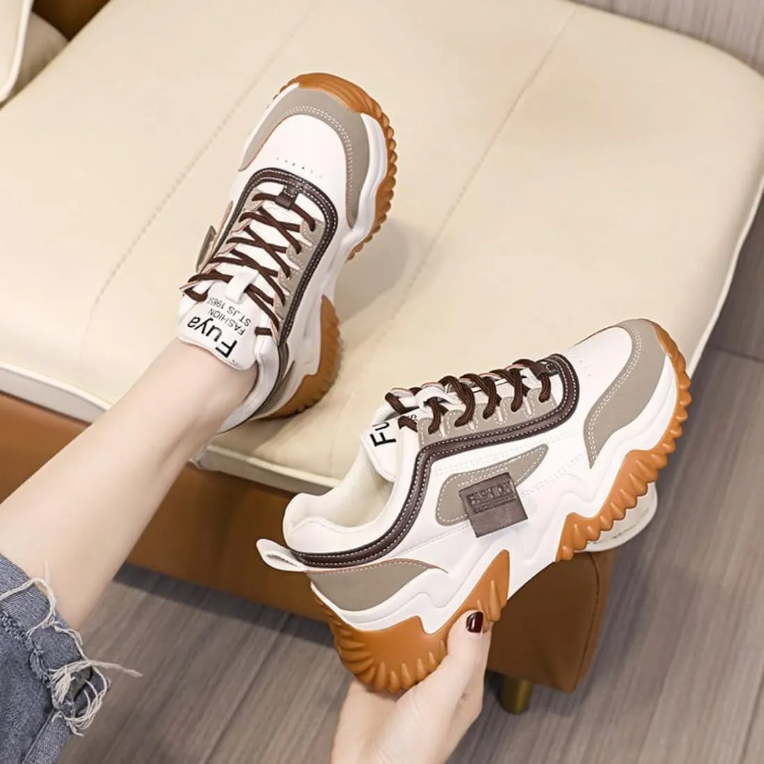 Womens Korean Style Lightweight Tennis Sneakers for Lace Up Non-Slip Casual Shoes Colorblocked Thick Sole Sneakers