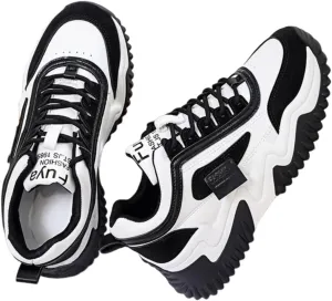 Womens Korean Style Lightweight Tennis Sneakers for Lace Up Non-Slip Casual Shoes Colorblocked Thick Sole Sneakers