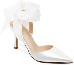 Womens Lace up Satin Heels Bow Pointed Closed Toe Bridal Dress Shoes Low Heel Wedding Elegant Pumps