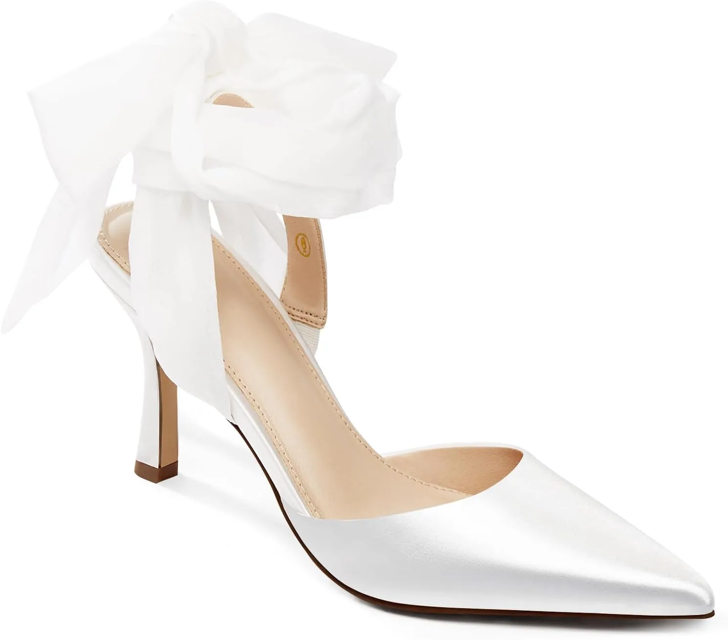 Womens Lace up Satin Heels Bow Pointed Closed Toe Bridal Dress Shoes Low Heel Wedding Elegant Pumps