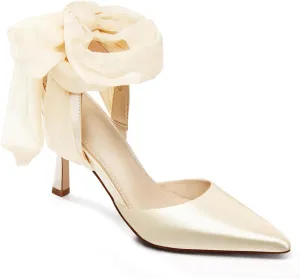 Womens Lace up Satin Heels Bow Pointed Closed Toe Bridal Dress Shoes Low Heel Wedding Elegant Pumps