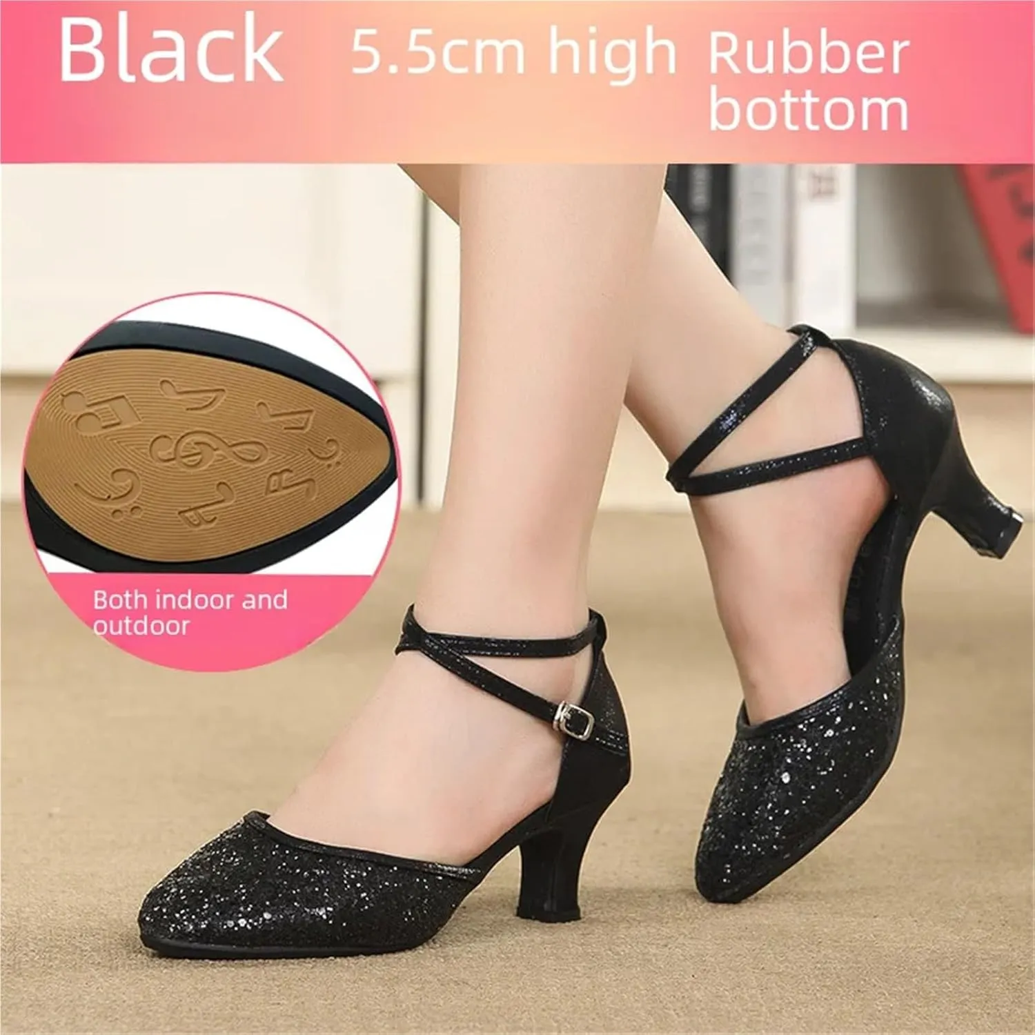 Women's Latin Dance Shoes Women Dance Shoes Square Latin Mid-high Heels Social Soft Sole Dance Shoes(5.5cm Black Rubber Sole,42)