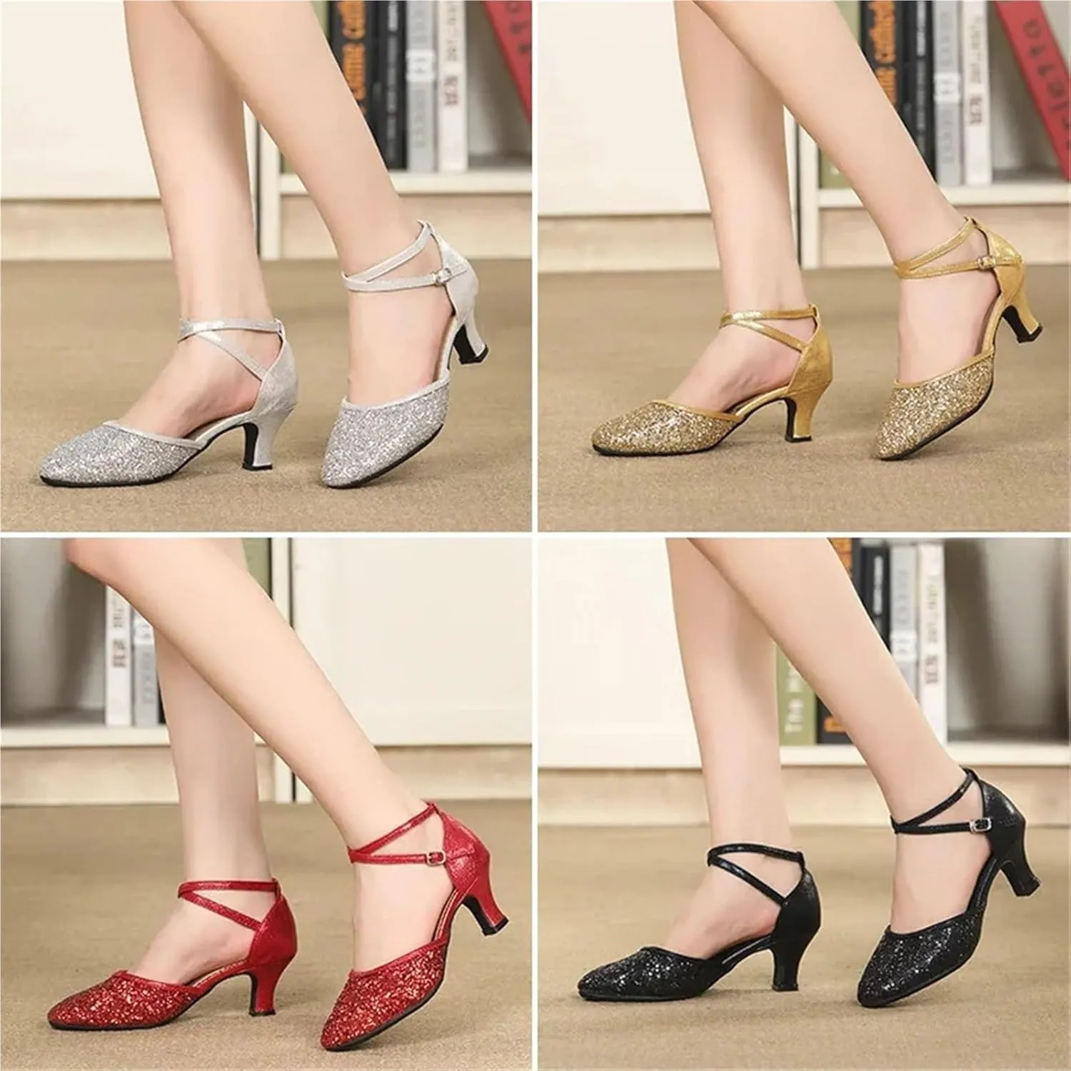 Women's Latin Dance Shoes Women Dance Shoes Square Latin Mid-high Heels Social Soft Sole Dance Shoes(5.5cm Black Rubber Sole,42)