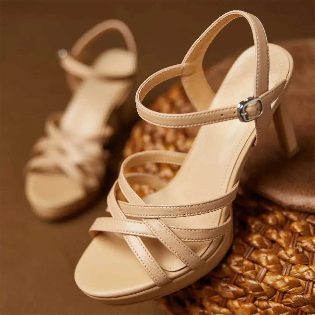 Women's Leather Narrow Band Strap High Heel Open Toe Ankle Strap Pumps Ladies Summer Dress Shoes